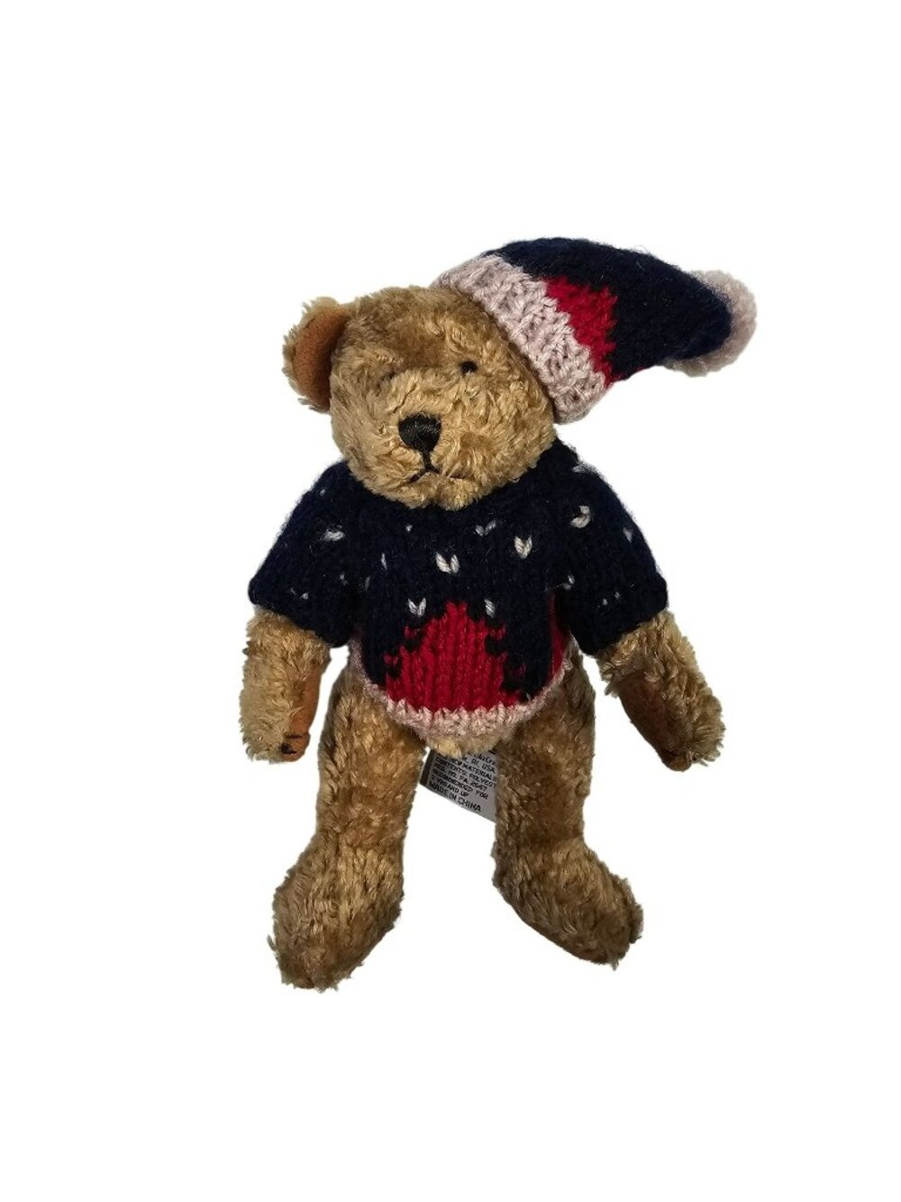 Chrisha Vintage Playful Plush 8" Christmas Teddy Bear In Knit Sweater & Hat 1988